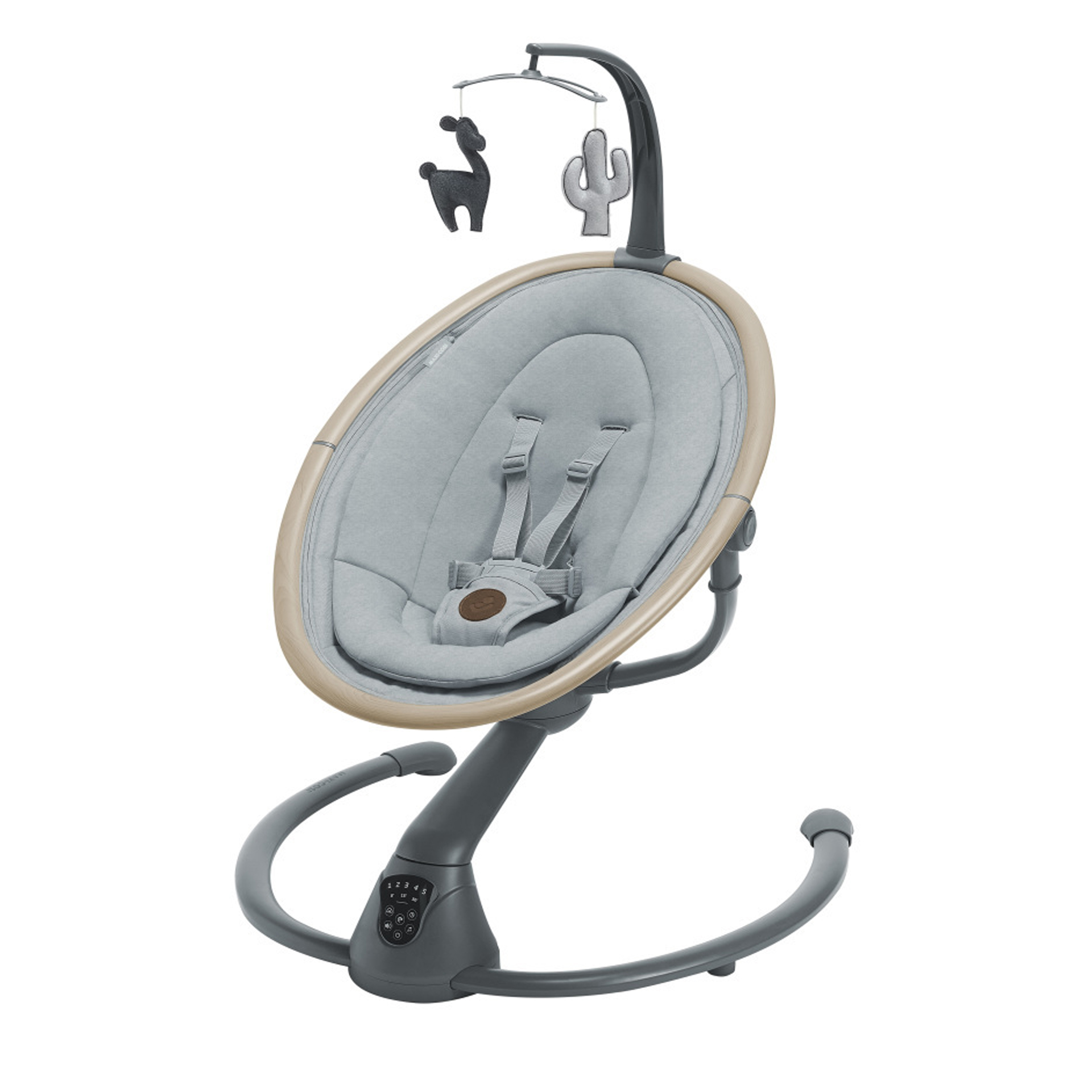Espreguiçadeira para bebé cinzenta com assento azul claro e móbile com lhama e cacto