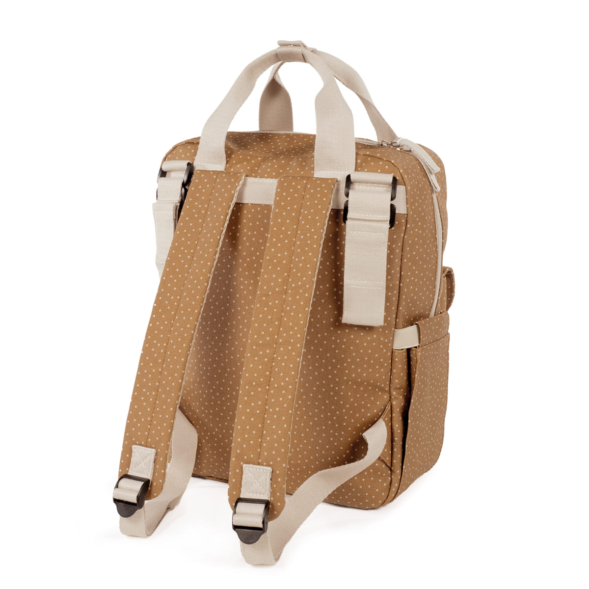 Mochila castanha com pontos brancos e alças bege vista de trás