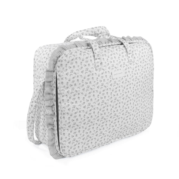 Mala macia com padrão floral cinzento e detalhes em xadrez