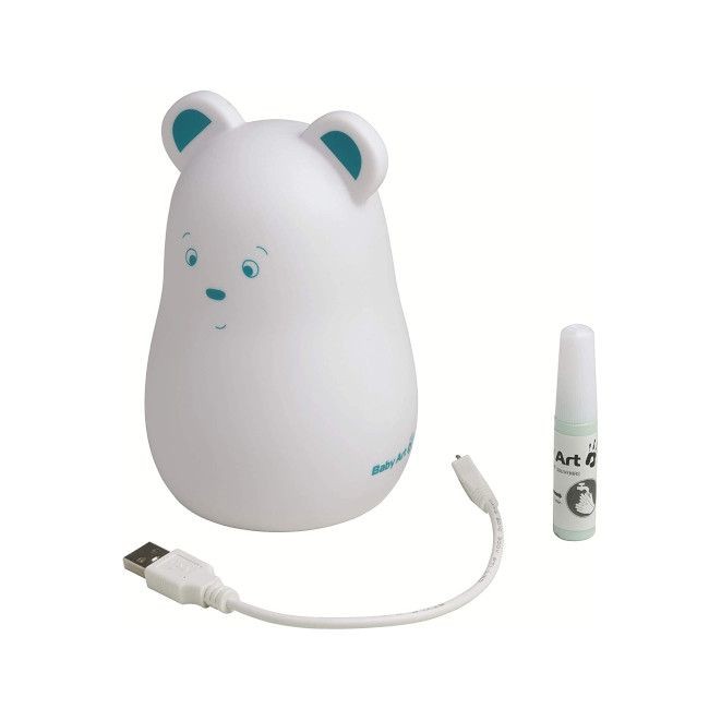 Difusor/humidificador em forma de urso branco com detalhes azuis, cabo USB e frasco Art