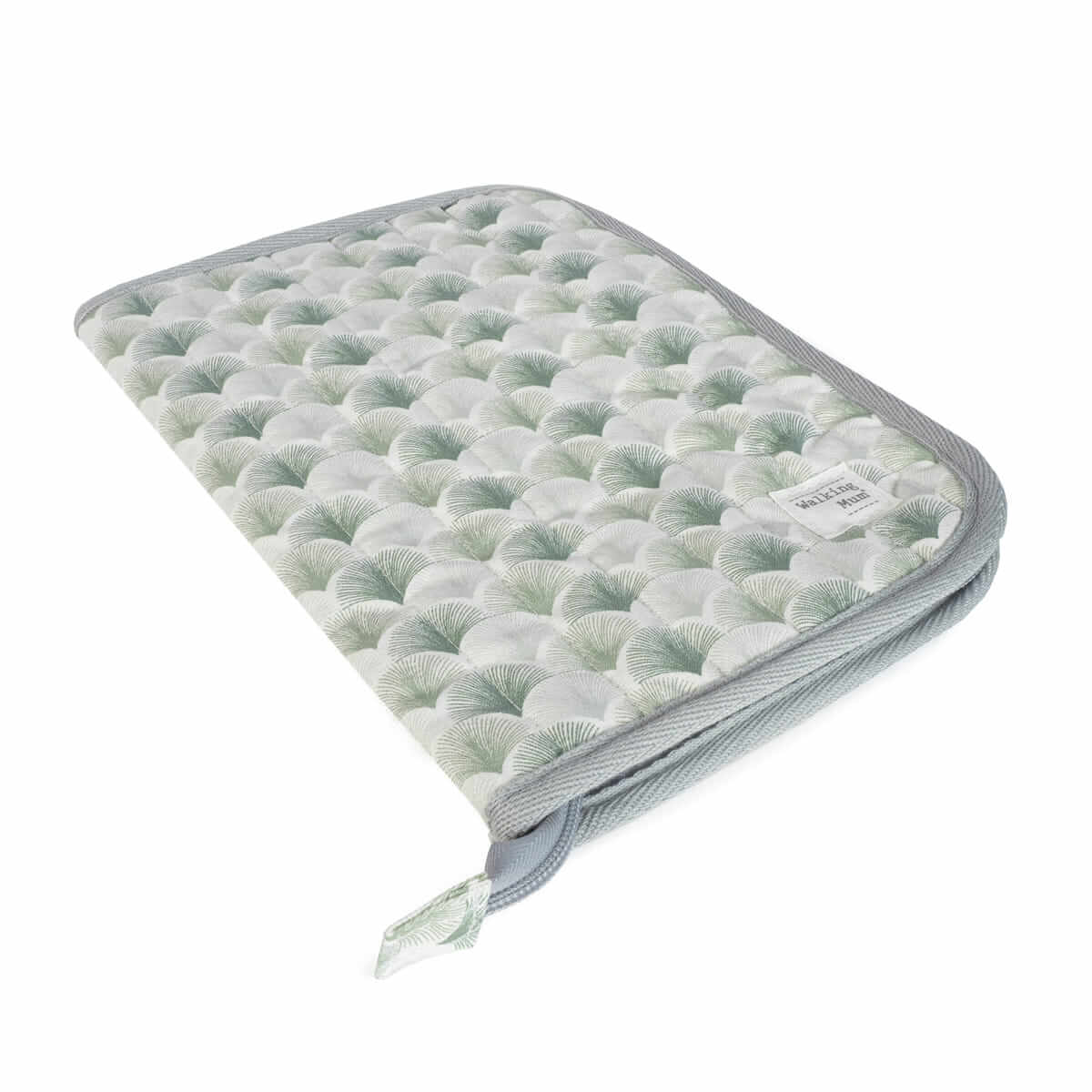 Pasta para documentos acolchoada com padrão verde e branco e fecho de correr cinzento