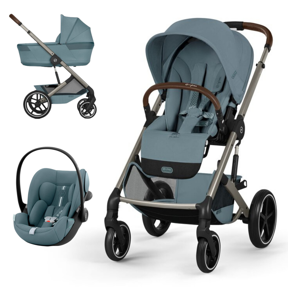 Conjunto carrinho bebé azul com alcofa, cadeira auto e carrinho de passeio