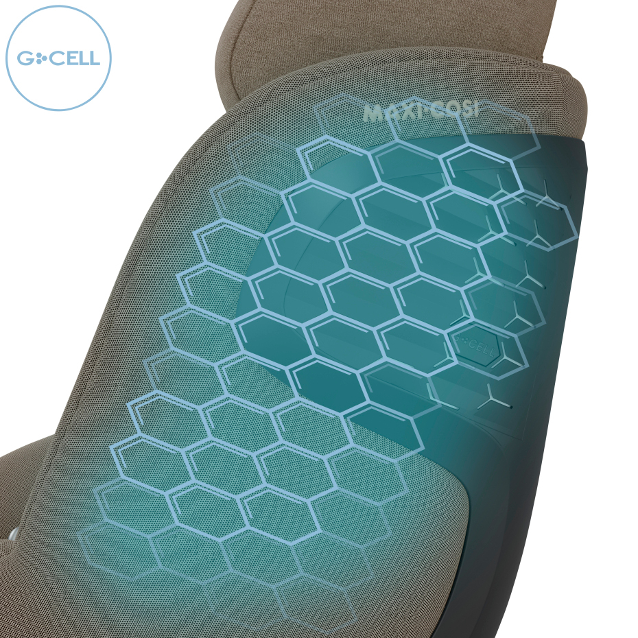 Cadeira de escritório bege com padrão hexagonal azul no encosto e textos G•CELL e MAXT COST