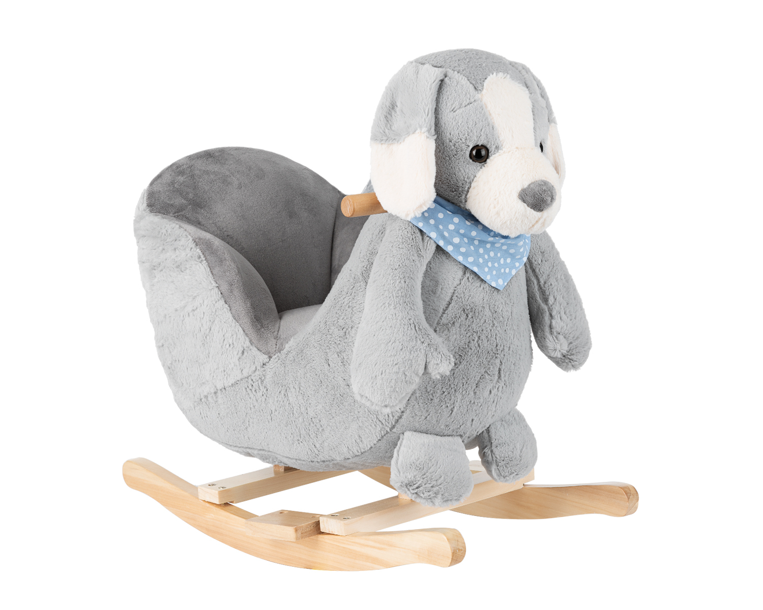 Cadeirão de baloiço infantil em cinzento com decoração de cão e estrutura de madeira