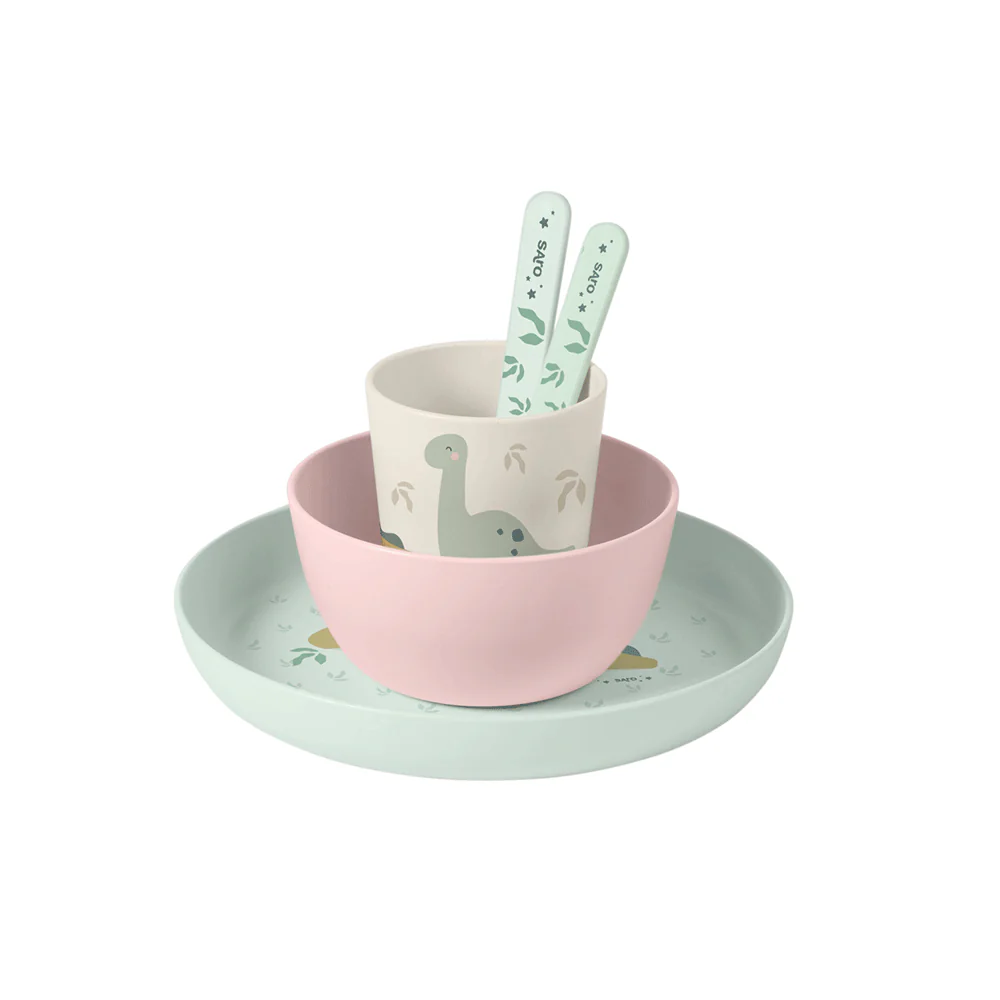 Conjunto infantil de prato, tigela e copo com colheres e decoração de dinossauros