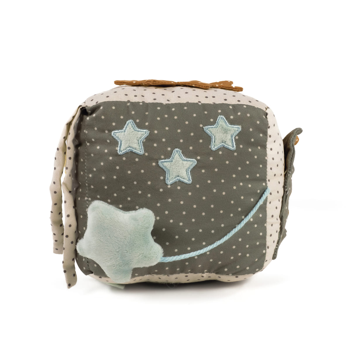 Cubo de tecido cinzento e bege com estrelas bordadas