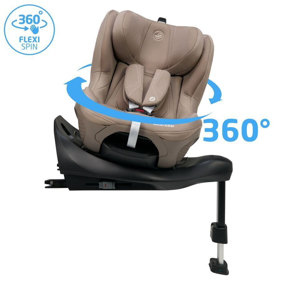 Cadeira auto infantil bege rotativa 360º com base preta e cinto branco