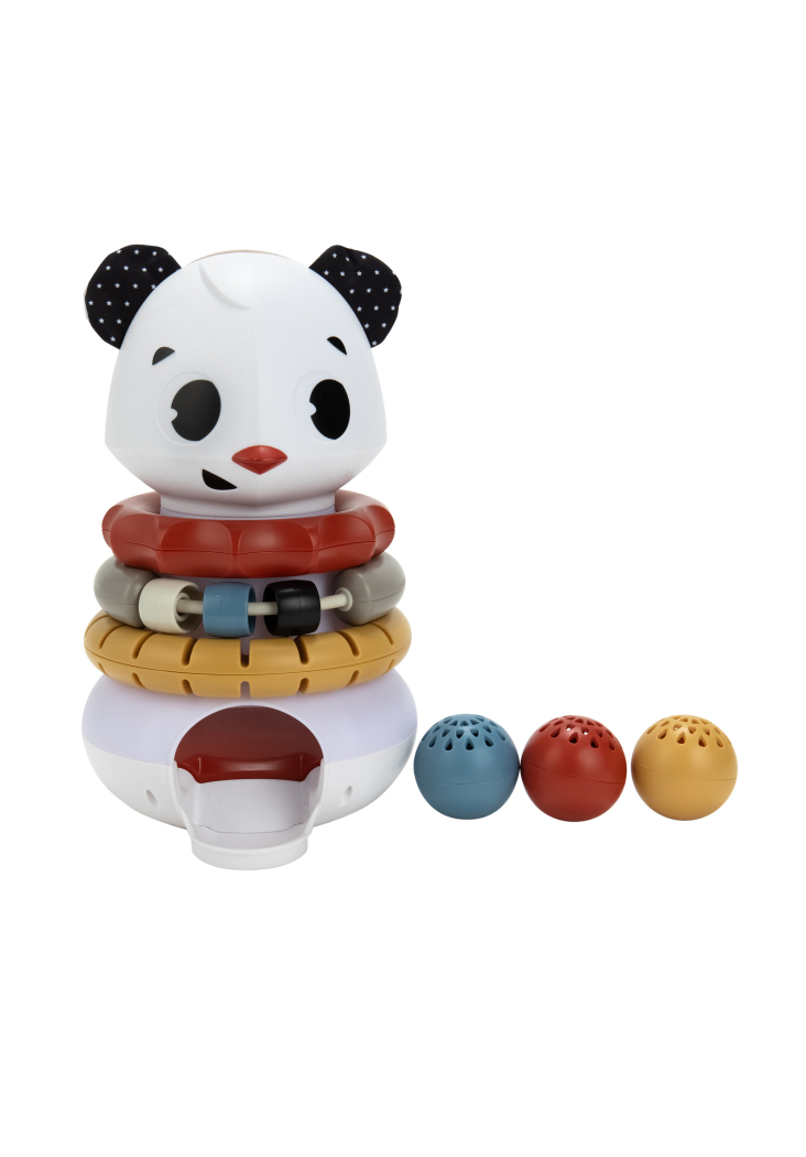 Brinquedo empilhável panda com anéis coloridos e bolas.