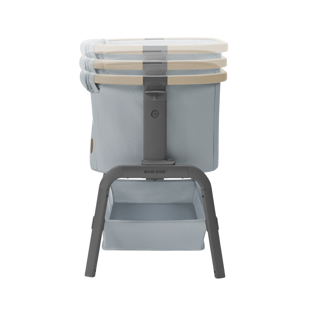 Berço de bebé cinzento com estrutura de madeira clara e suporte de metal cinzento escuro