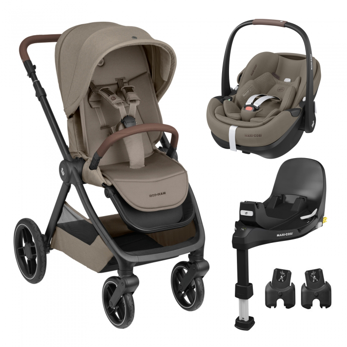 Carrinho de bebé cinzento-bege com capota, ovo auto e sistema de fixação Maxi-Cosi.