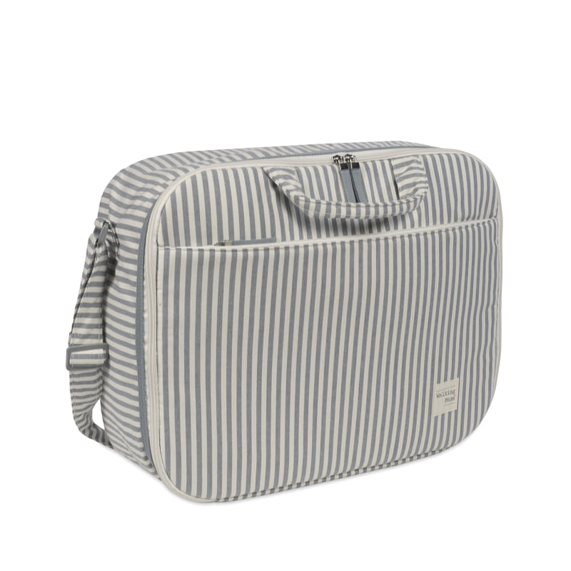 Mala riscada azul e branca com alça e bolso frontal