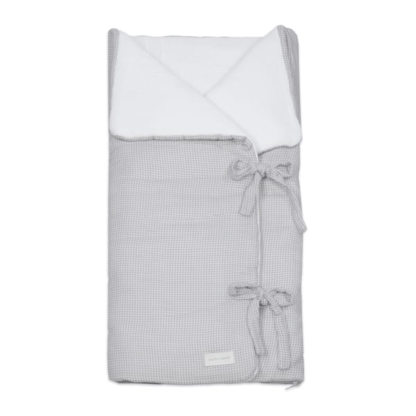 Saco de dormir de bebé cinzento com interior branco e laços para fechar