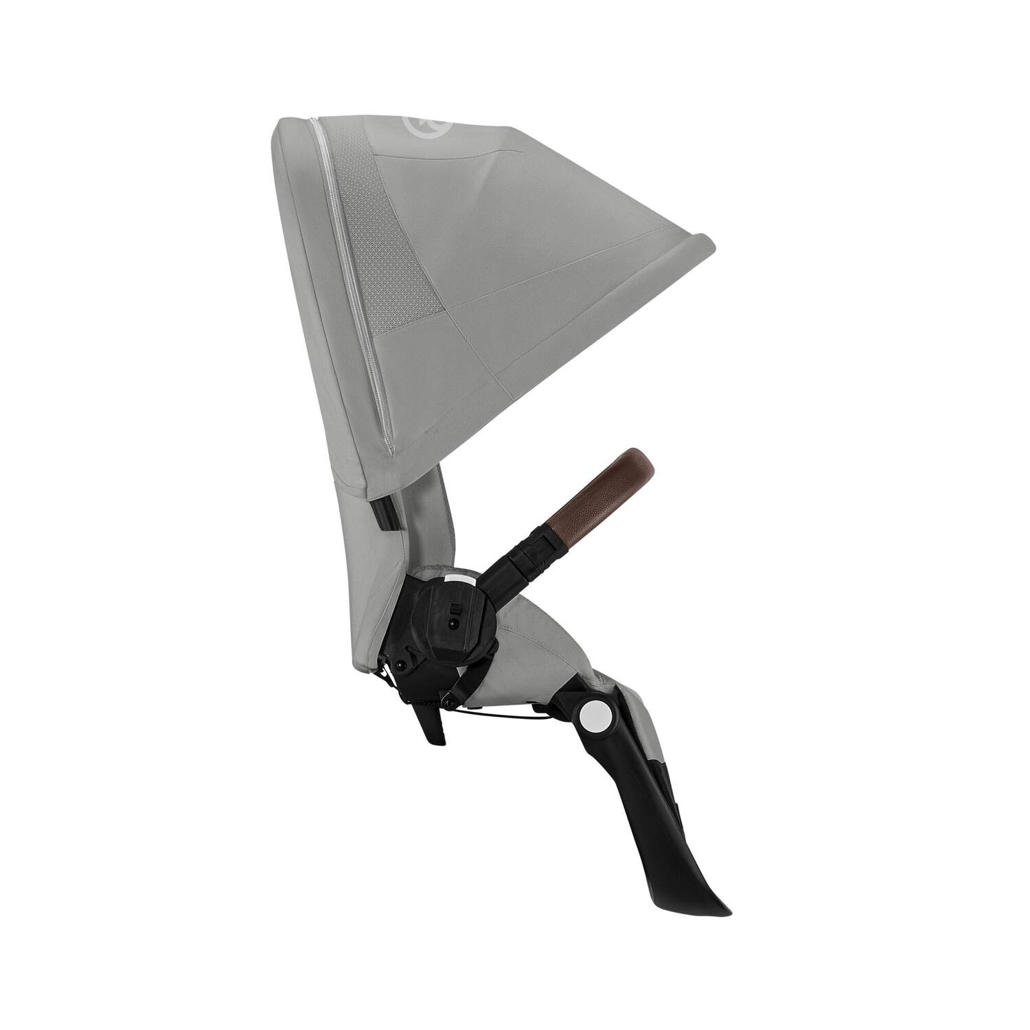 Cadeira de bebé cinzenta com estrutura preta vista lateral