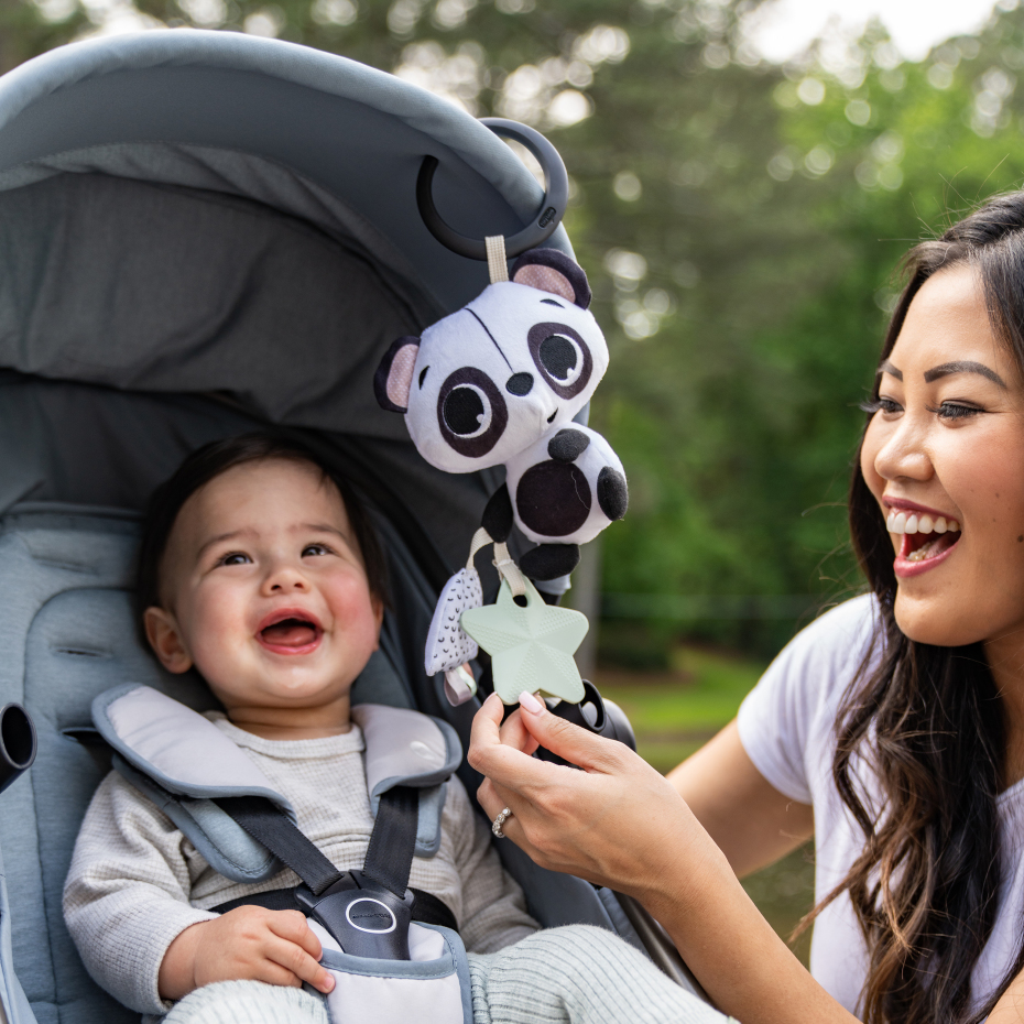 Bebé num carrinho com brinquedo de peluche panda e mulher sorridente