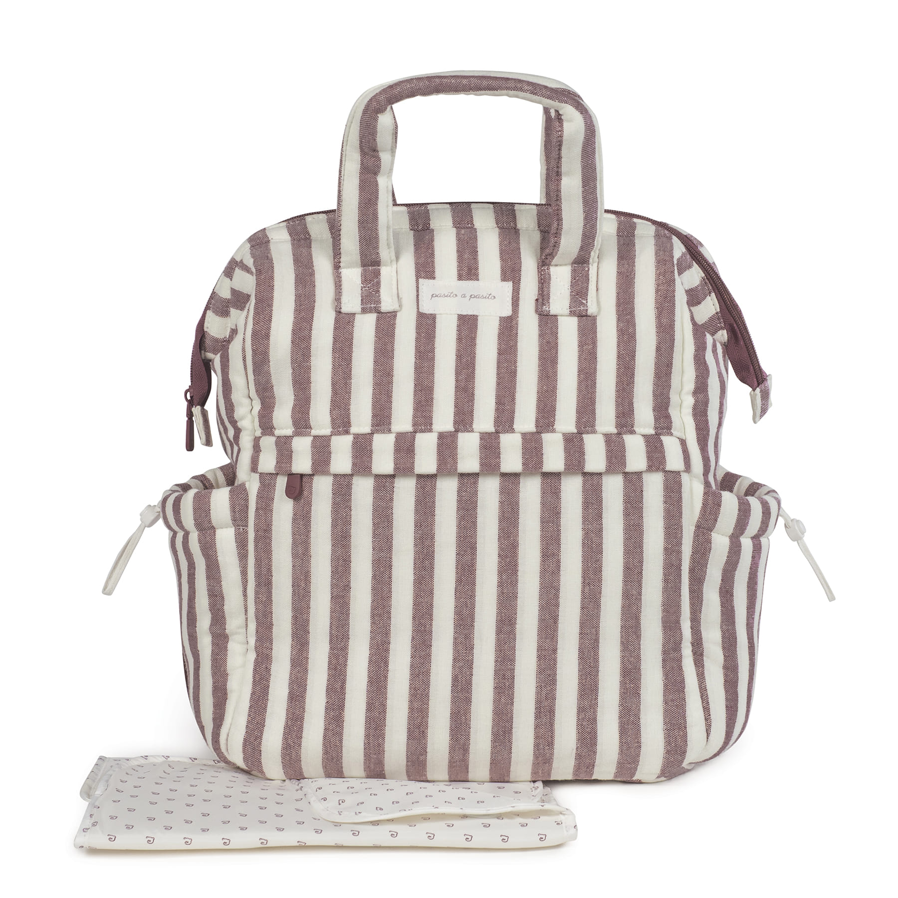 Mochila riscada castanha e branca com trocador de bebé