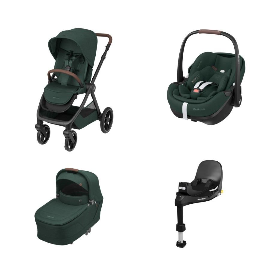 conjunto de carrinho de bebé verde escuro com assento, alcofa, cadeirinha auto e base