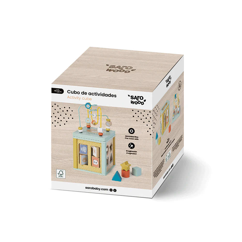 Cubo de atividades de madeira para crianças com pacotagem clara