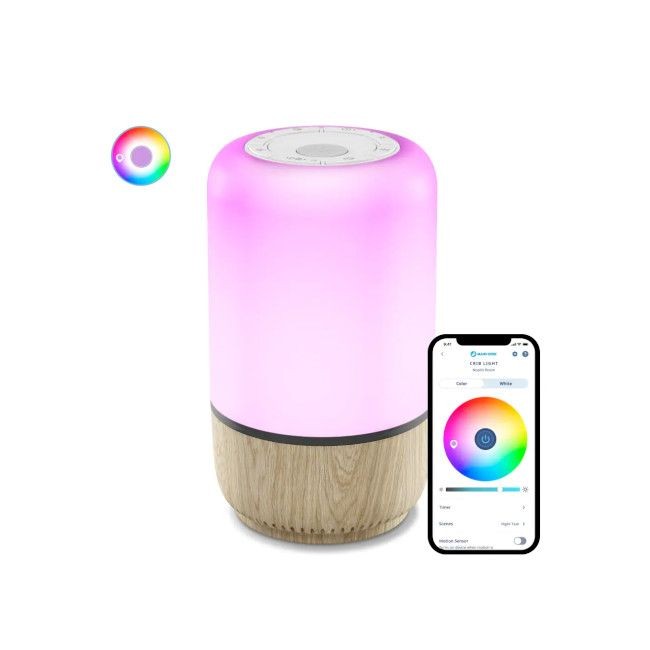 Lâmpada rosa com base de madeira clara e smartphone com aplicação de controlo de luz