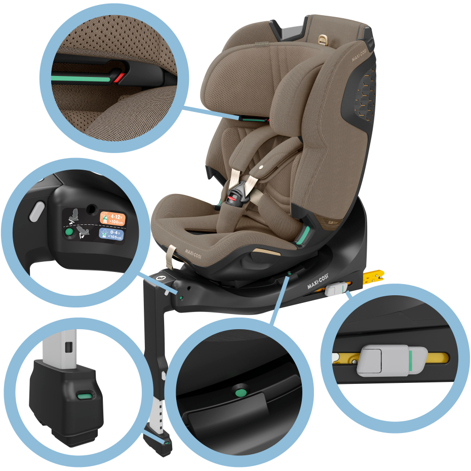 Cadeira auto infantil castanha com sistema ISOFIX e cinto ajustável.