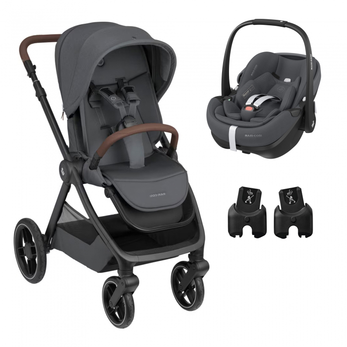 Carrinho de bebé cinza escuro com cadeira auto cinza e bases de fixação