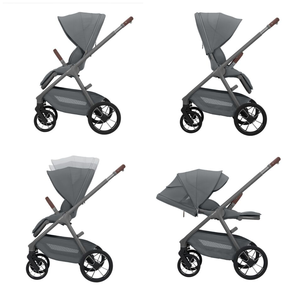 Carrinho de bebé cinzento com tecto ajustável e estrutura metálica em fundo branco