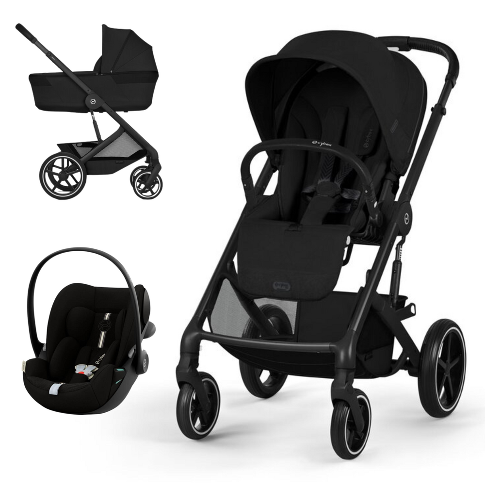 Conjunto de carrinho de bebé preto com alcofa, cadeira auto e carrinho com capota.