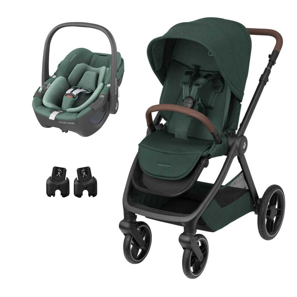 Carrinho de bebé verde com alcofa e adaptadores pretos