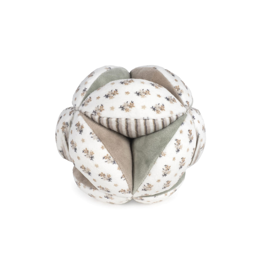 Brinquedo ou almofada esférica de tecido macio com padrão floral e riscado