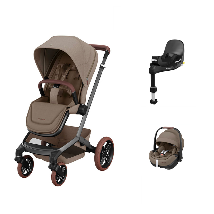carrinho de bebé bege com base e cadeirinha de transporte