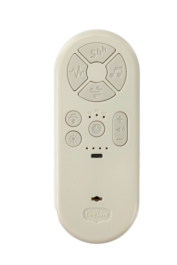 Comando remoto branco com botões para controlar sons e luz