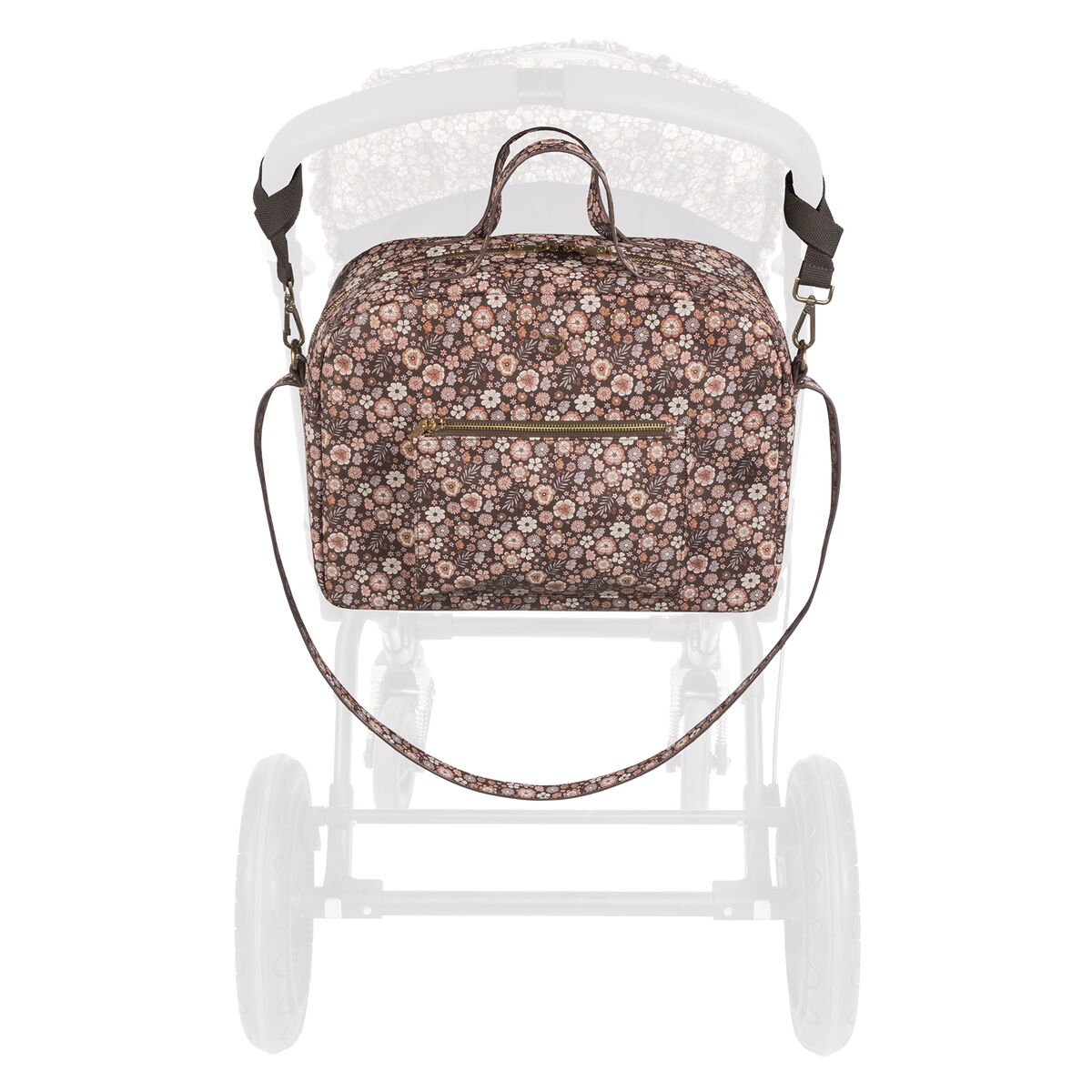 Bolsa de bebé floral pendurada em carrinho