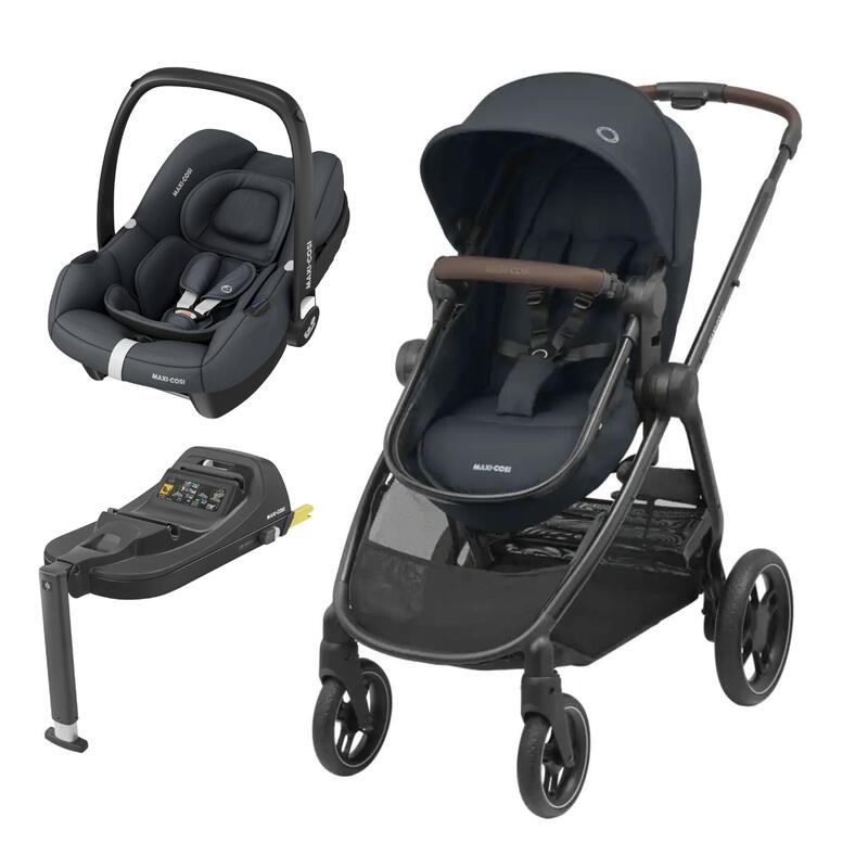 Carrinho de bebé azul escuro com cadeira auto e base ajustável