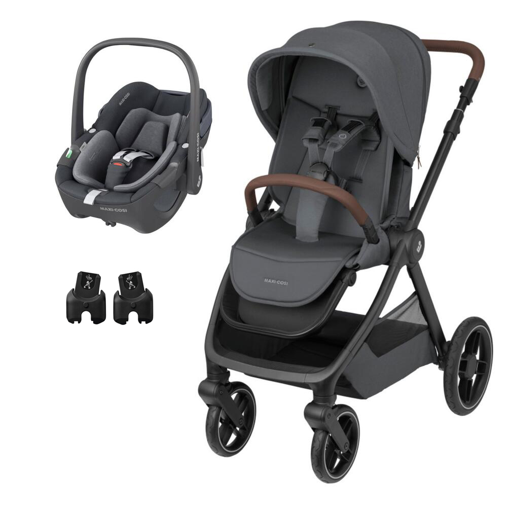 Carrinho de bebé cinza escuro com assento e ovo auto e adaptadores pretos