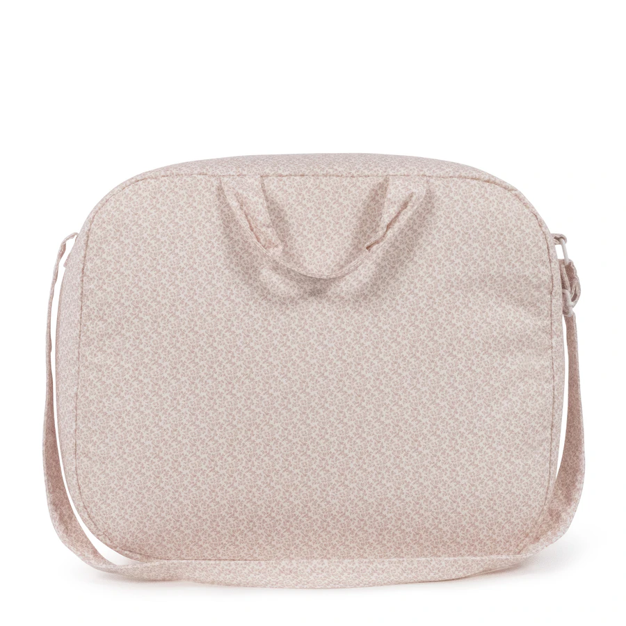 Bolsa rosa claro com padrão floral e alça ajustável
