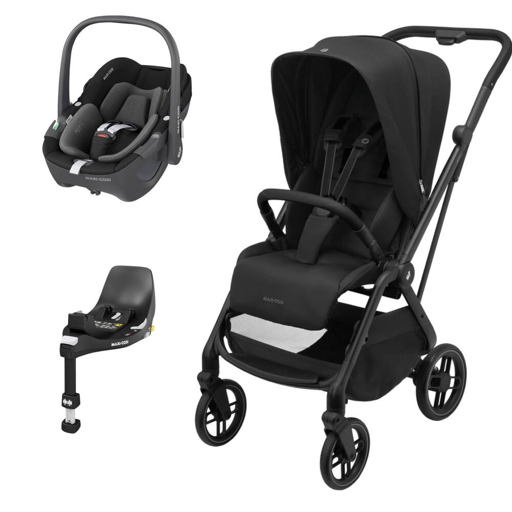 Carrinho de bebé preto com assento auto e base de fixação