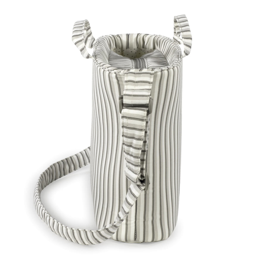 Bolsa térmica para garrafa em tecido riscado branco e cinza com alça e fecho