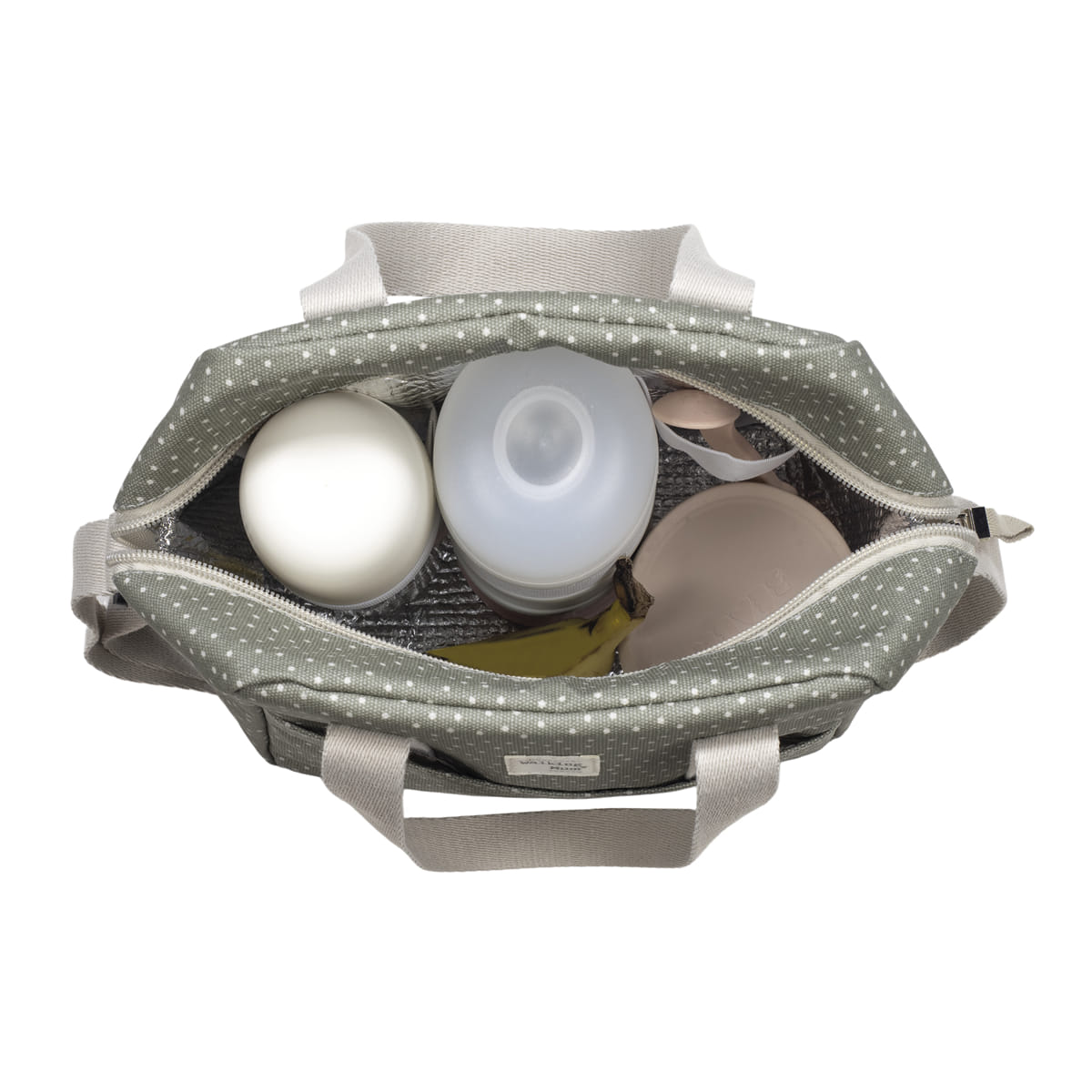 Bolsa aberta cinzenta com pontos brancos e itens alimentares no interior