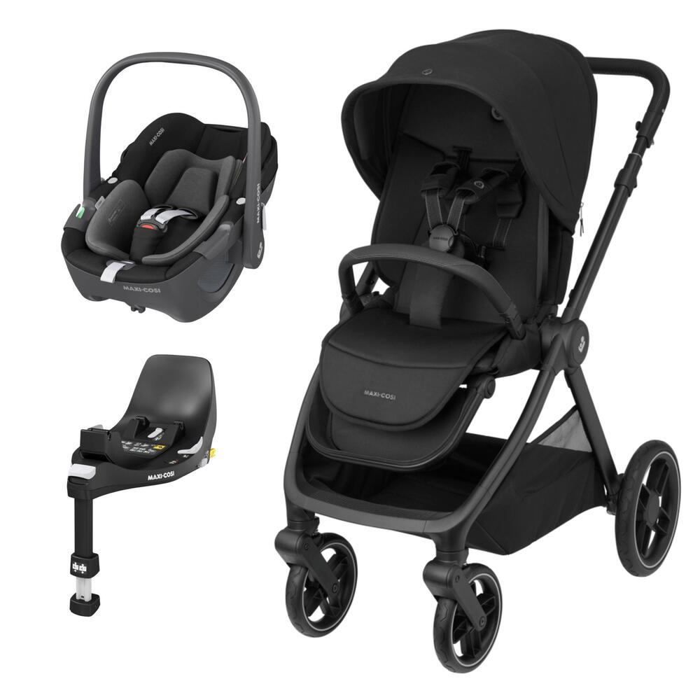 Carrinho de bebé preto com alcofa e suporte de base preto da marca MAXI-COSI