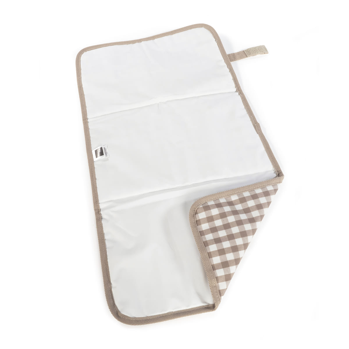 Tapete dobrável para troca de bebé branco com bordadura bege e padrão aos quadrados
