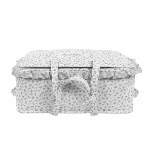 Mala de tecido floral cinzento e branco com folhos e alças