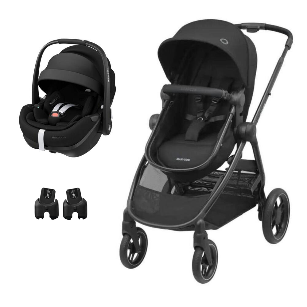 Carrinho e ovo para bebé pretos com estrutura metálica e acessórios