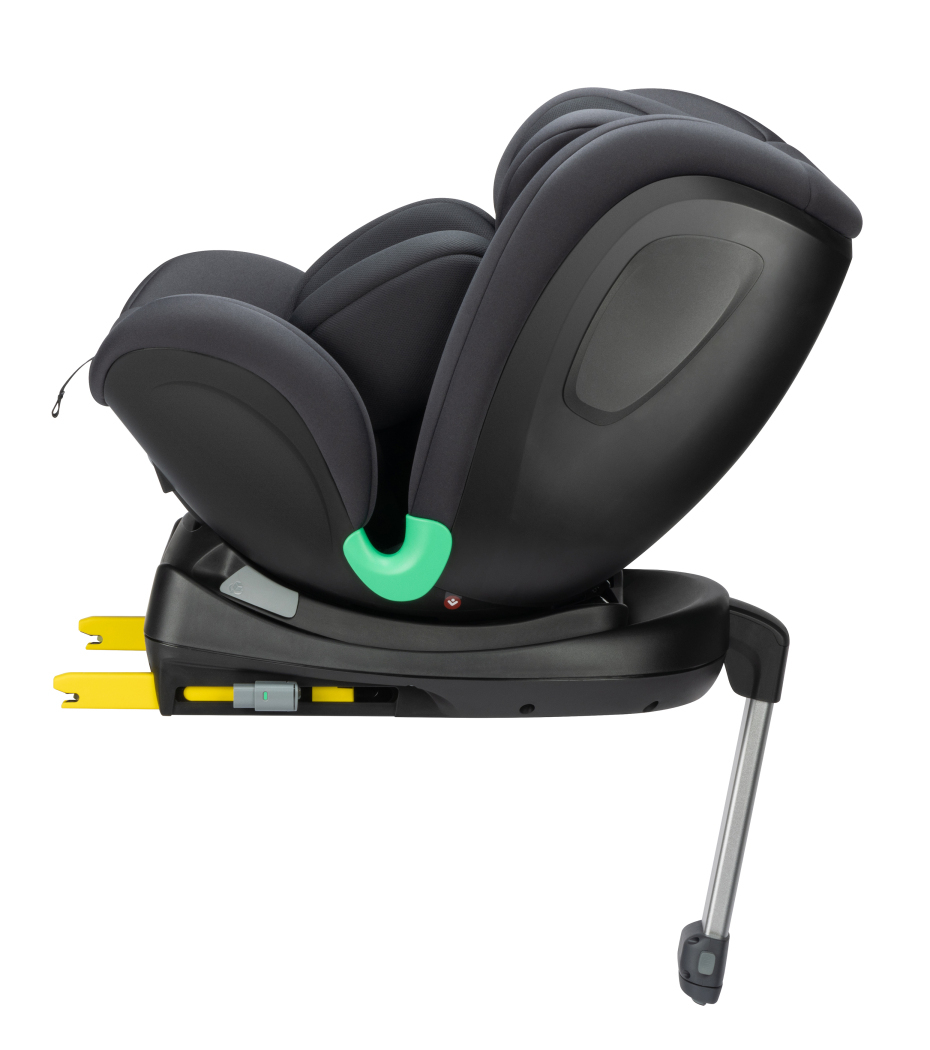 Cadeira auto infantil preta com conectores ISOFIX amarelos e suporte metálico