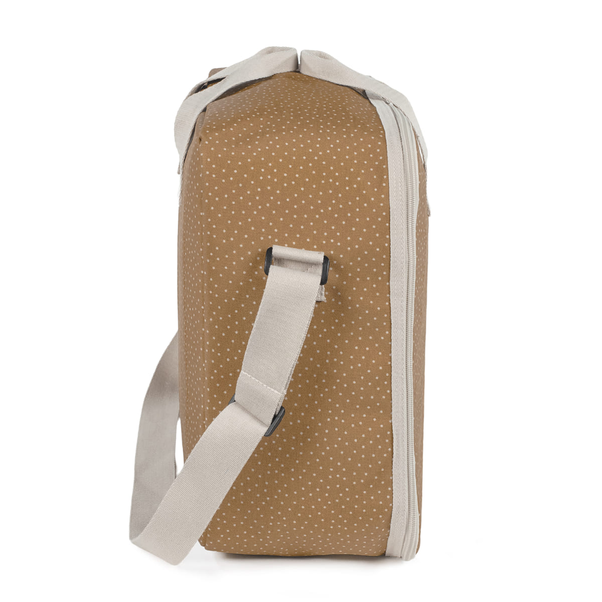 Mala castanha com padrões de pontos e alça bege