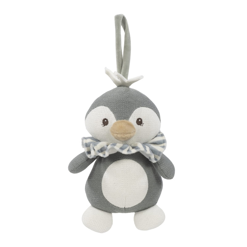 Pelúcia pinguim cinza com babado azul e branco e alça para pendurar