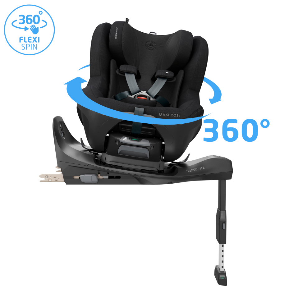 Cadeira auto Maxi-Cosi preta com base de fixação ISOFIX e suporte regulável, com indicação de rotação de 360°.