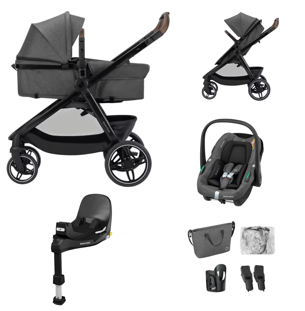 Conjunto de artigos para bebé cinza e preto com carrinho, cadeira auto, base, bolsa e acessórios