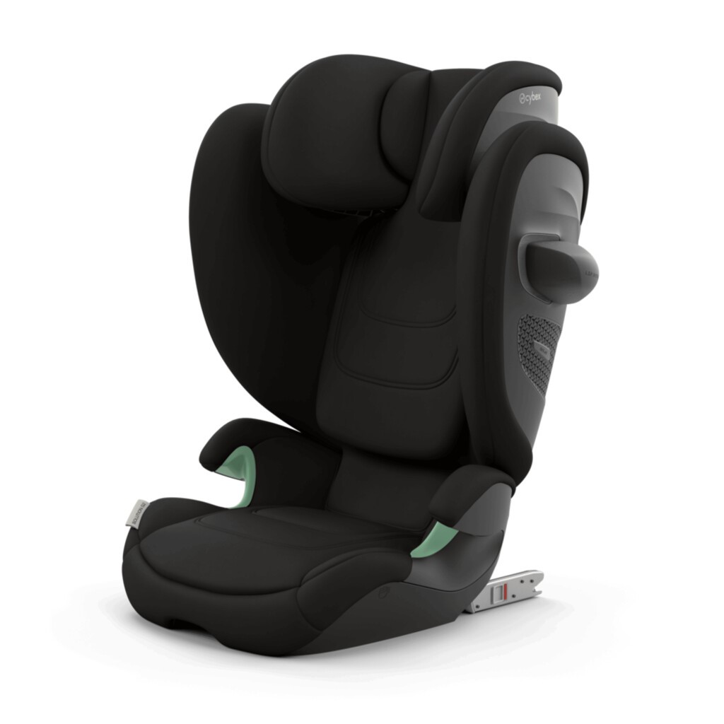 Cadeira auto infantil preta com base ISOFIX cinza clara e detalhes verdes