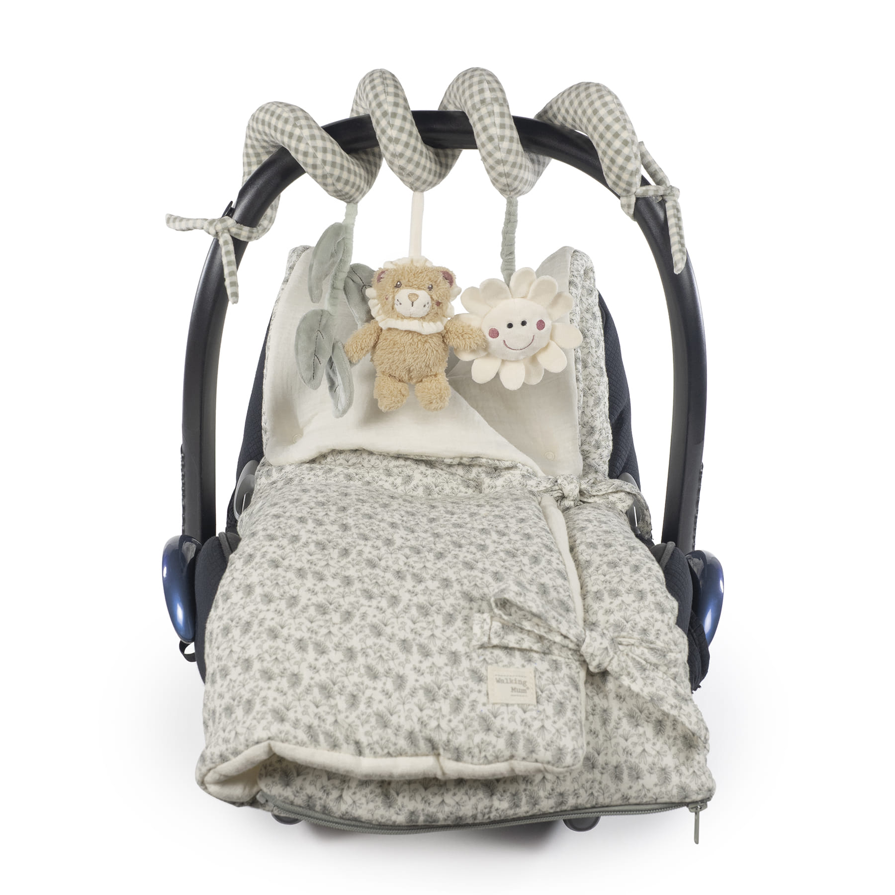 Capa para cadeirinha de bebé com peluches em arco de tecido xadrez cinza
