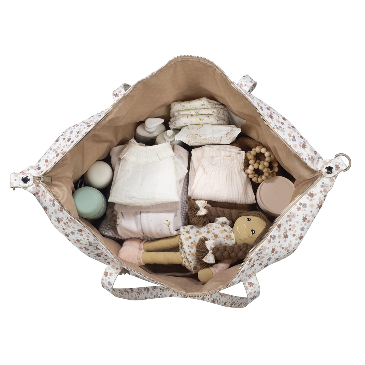 Mala de bebé aberta mostrando fraldas, roupas, frascos e brinquedos