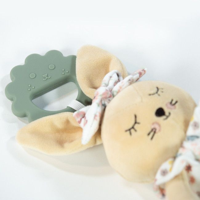 Mordedor infantil verde e peluche bege com laço floral
